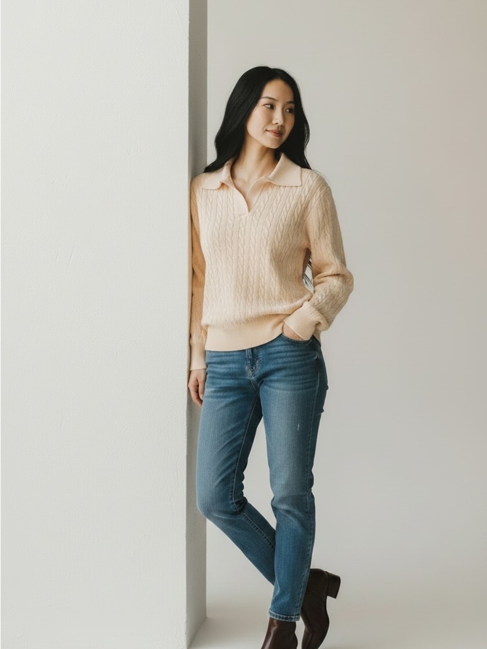 Vintage Creamy Beige Cable Knit Sweater Split Neck Minimalist